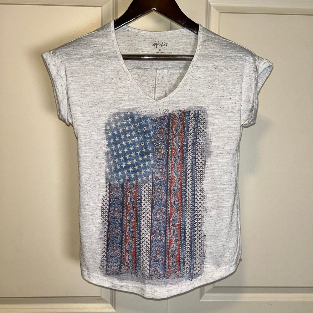 🟢 Style & Co Women's Grey American Flag Shot Sleeved Casual Top Sz. PS